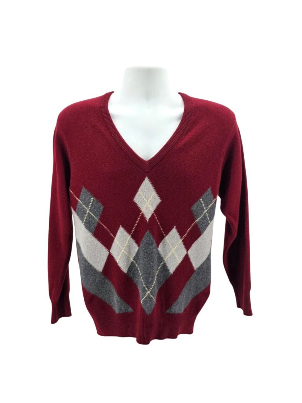 Vintage Pringle Mens 38 Medium Sweater Cashmere Argyle V-neck Long Sleeve Maroon